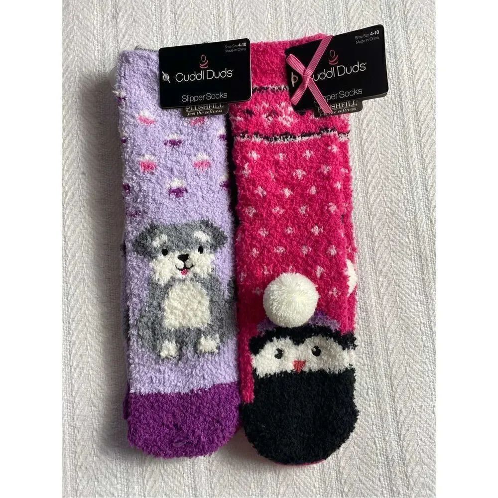 Cuddl Duds Girls Shoe Size 4-10 Lounge Crew Slipper Socks Total 4 Pr